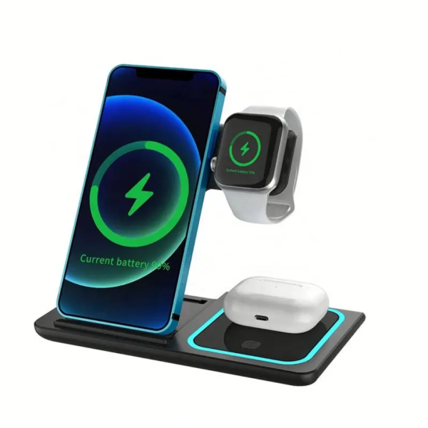 Premium 3-in-1 Magnetic Foldable Wireless Charging Station – 15W Fast Charger for Phone, Smartwatch & Earbuds