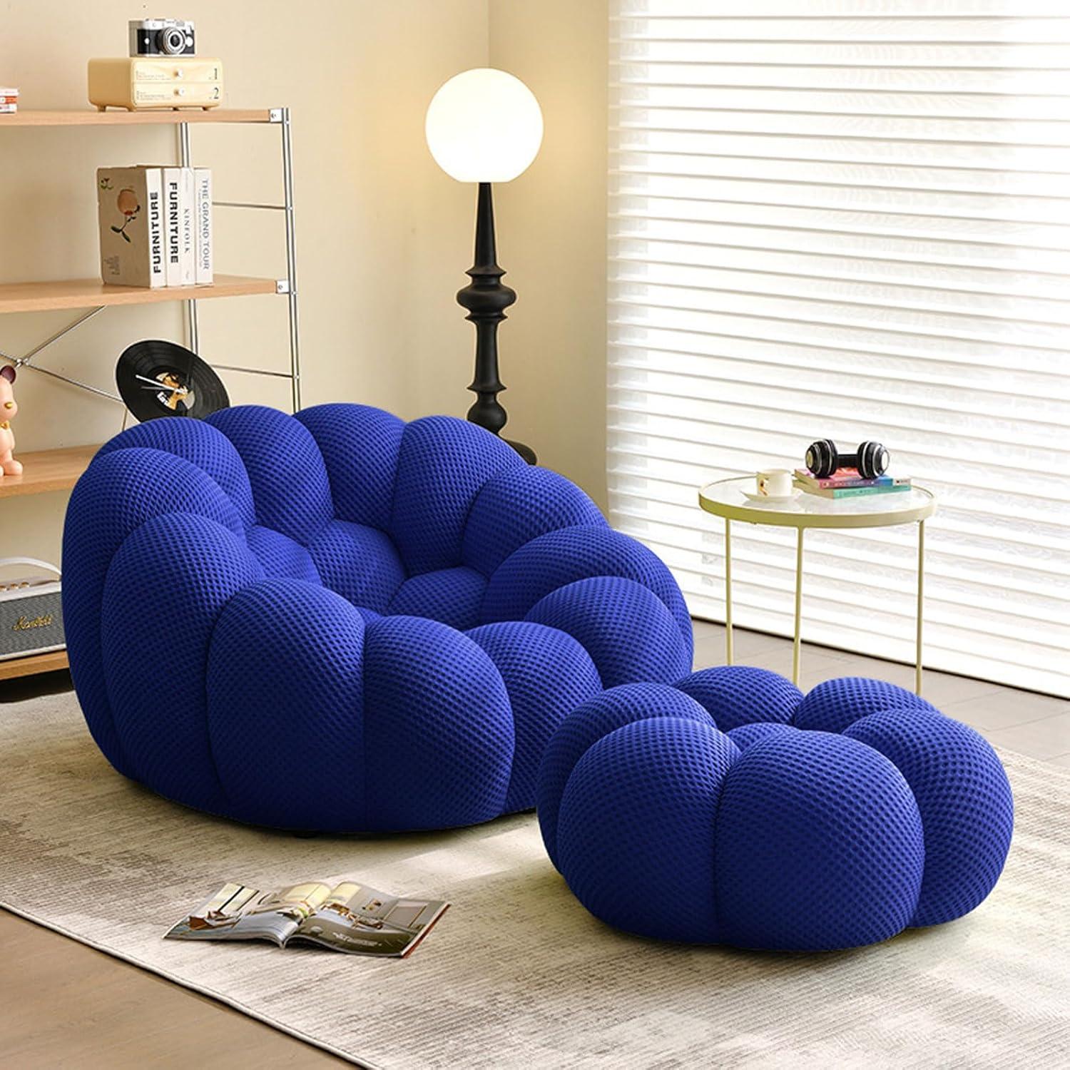 Lazy Sofa Ultra Comfy Fireside Sofa Chair Upholstered Bubble Single Floor Sofa 3D Honeycomb Shape Bubble Sofa Curved Couch for Living Room Office Blue