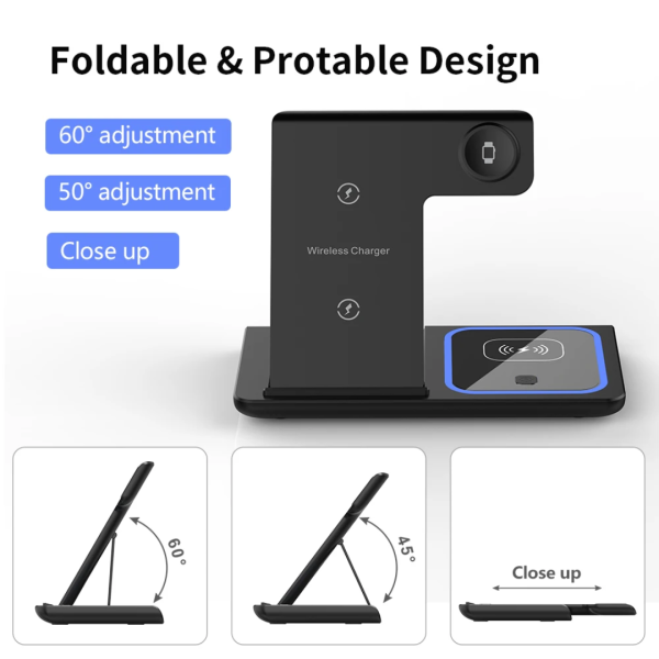 Premium 3-in-1 Magnetic Foldable Wireless Charging Station – 15W Fast Charger for Phone, Smartwatch & Earbuds