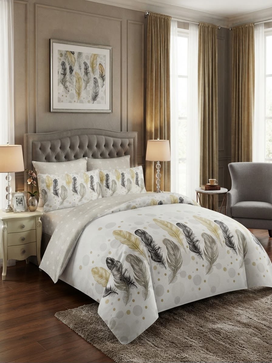 5x6 Cream & Gold Feather Scatter 4-Piece Duvet Set