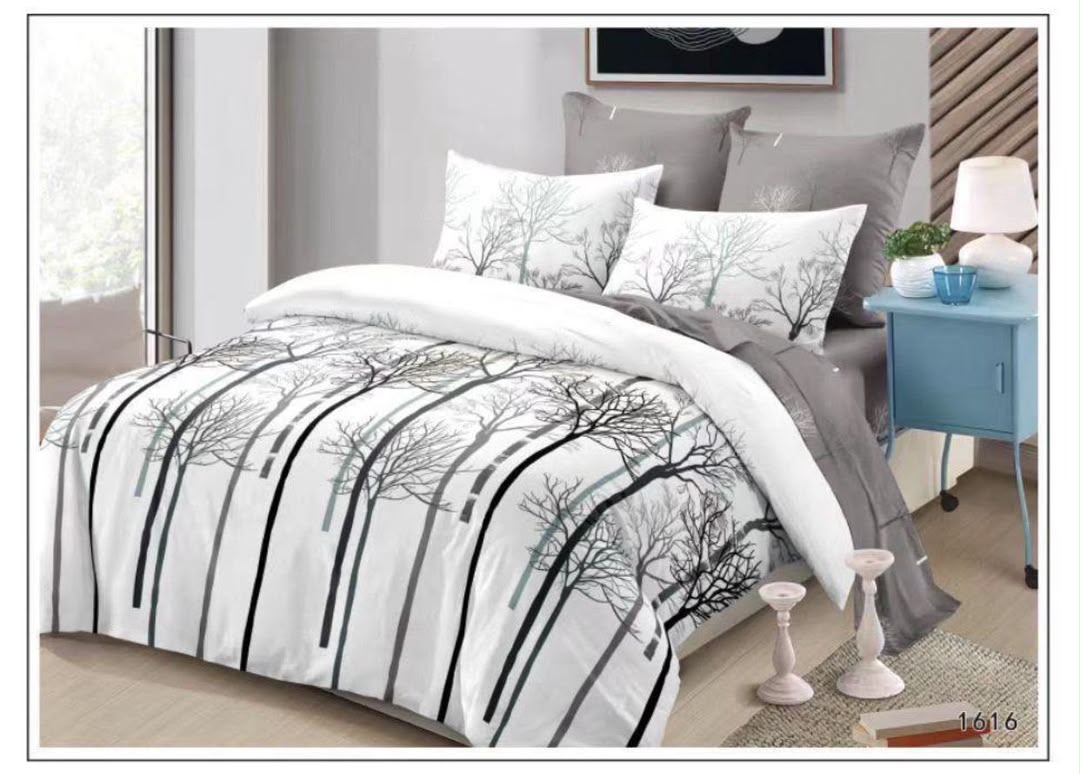 Minimalist Birch Forest Tree Print 4-Piece Duvet Set (6by6) – 1 Duvet, 1 Bedsheet, 2 Pillowcases