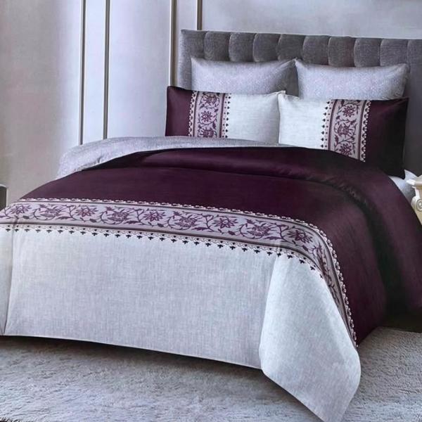 Royal Deep Plum & Off-White Floral Panel 4-Piece Duvet Set (6by6) – 1 Duvet, 1 Bedsheet, 2