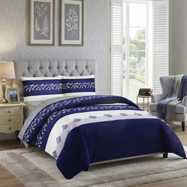 Elegant Royal Navy Blue & White Floral Striped 4-Piece Duvet Set (6by6) – 1 Duvet, 1 Bedsheet, 2 Pillowcases