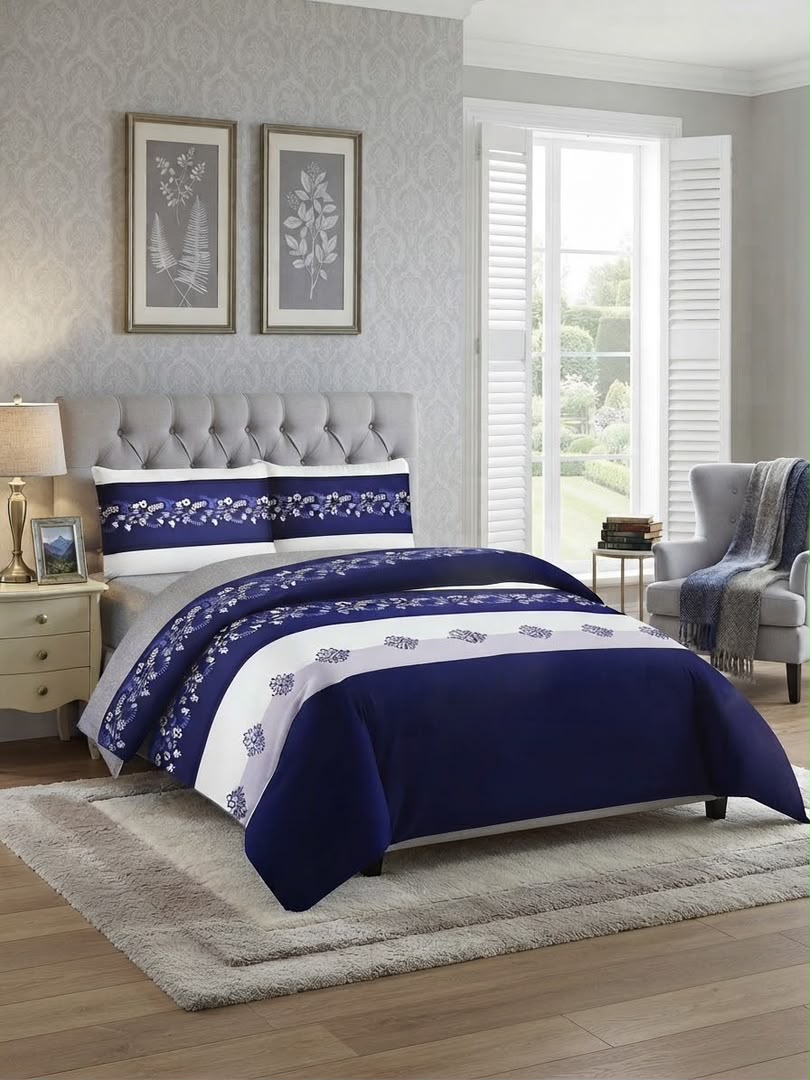 Elegant Royal Navy Blue & White Floral Striped 4-Piece Duvet Set (6by6) – 1 Duvet, 1 Bedsheet, 2 Pillowcases