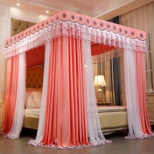 Luxury 4-Poster Canopy Mosquito Net with Privacy Drapes & Lace Border (5by6 & 6by6)
