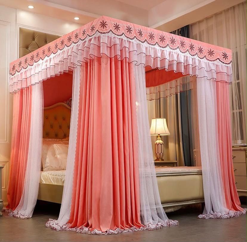 Luxury 4-Poster Canopy Mosquito Net with Privacy Drapes & Lace Border (5by6 & 6by6)