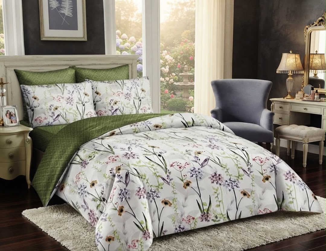 Botanical Wildflower Olive Green 4-Piece Duvet Set (6by6) – 1 Duvet, 1 Bedsheet, 2 Pillowcases