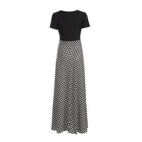 Women's Elegant Polka Dot Patchwork Maxi Dress – Short Sleeve Round Neck Office Gown