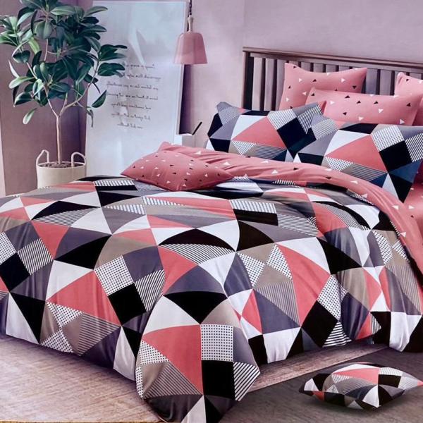 5x6 Coral Pink & Black Triangle Mosaic 4-Piece Duvet Set