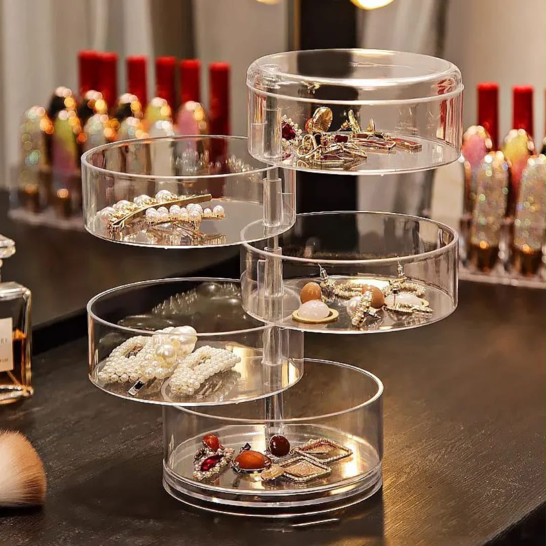 5-Tier Clear Acrylic Rotating Jewelry Storage Box & Cosmetic Organizer