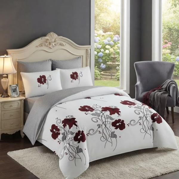 Luxury Maroon Floral Vine 4-Piece Duvet Set (6by6) – 1 Duvet, 1 Bedsheet, 2 Pillowcases