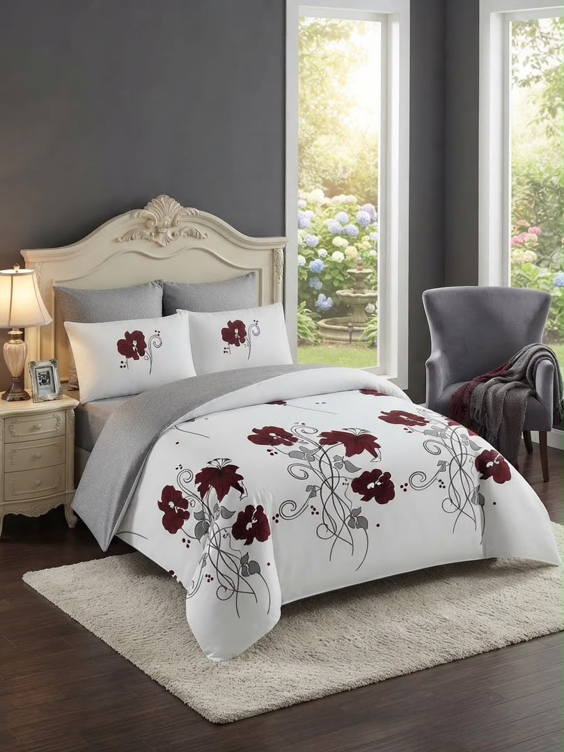Luxury Maroon Floral Vine 4-Piece Duvet Set (6by6) – 1 Duvet, 1 Bedsheet, 2 Pillowcases