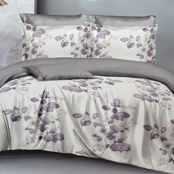 Elegant Purple Leaf Print & Grey Reversible 4-Piece Duvet Set (6by6) – 1 Duvet, 1 Bedsheet, 2 Pillowcases