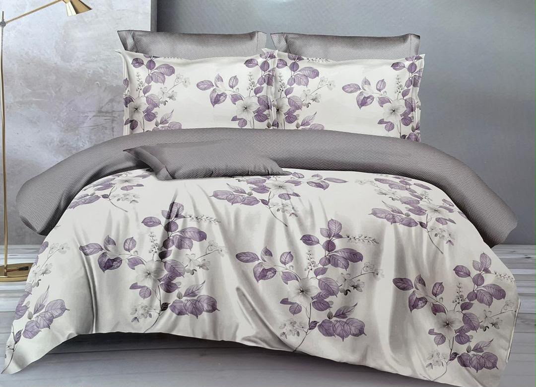 Elegant Purple Leaf Print & Grey Reversible 4-Piece Duvet Set (6by6) – 1 Duvet, 1 Bedsheet, 2 Pillowcases