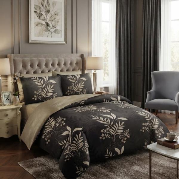 5x6 Charcoal & Beige Botanical Foliage 4-Piece Duvet Set