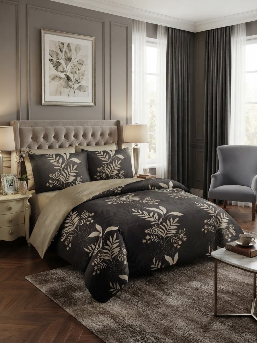 5x6 Charcoal & Beige Botanical Foliage 4-Piece Duvet Set