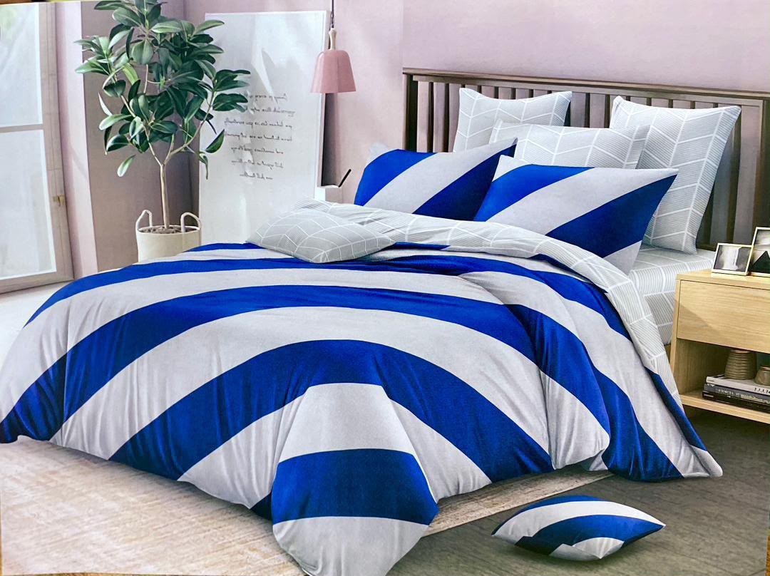 5x6 Royal Blue & Silver Diagonal Stripe 4-Piece Duvet Set