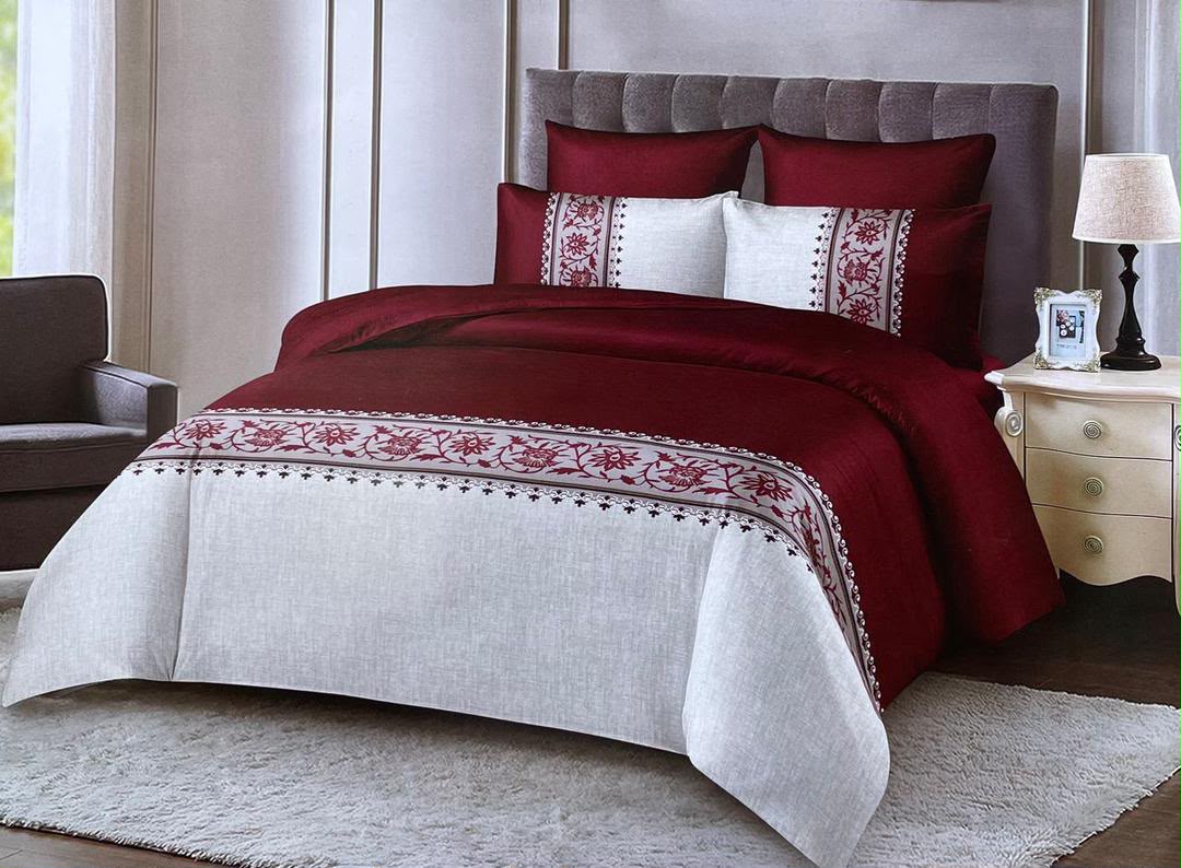 Luxury Deep Maroon & Off-White Floral Border 4-Piece Duvet Set (6by6) – 1 Duvet, 1 Bedsheet, 2 Pillowcases