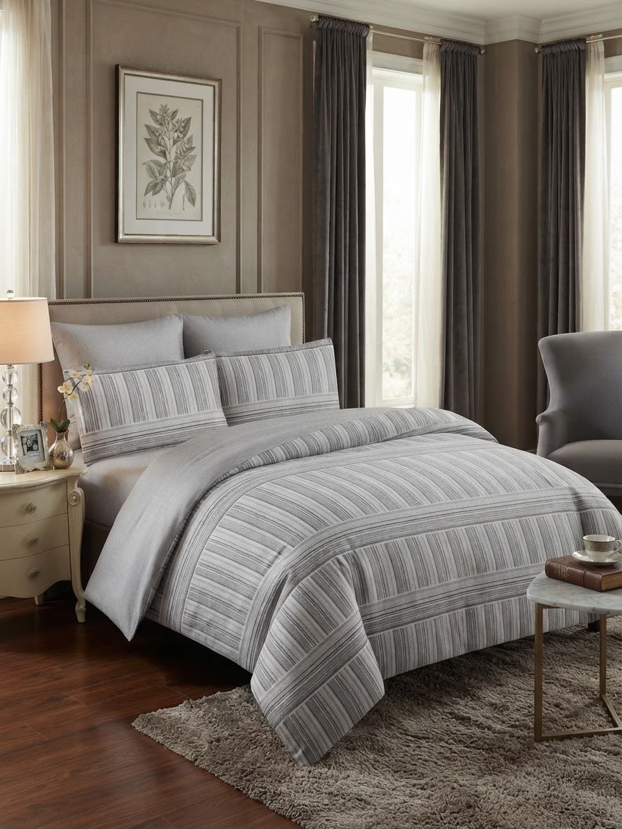 5x6 Classic Silver Grey Pinstripe 4-Piece Duvet Set