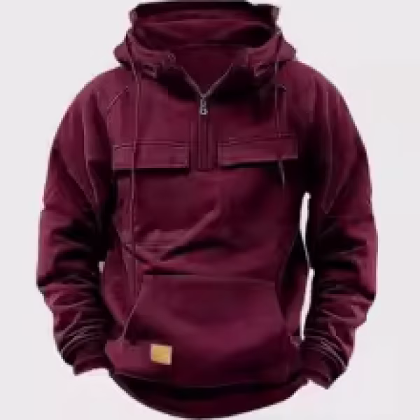 New autumn-winter men's hooded solid-color casual hoodie - fashionable young man's multi-pocket patch hoodie pullover shirt