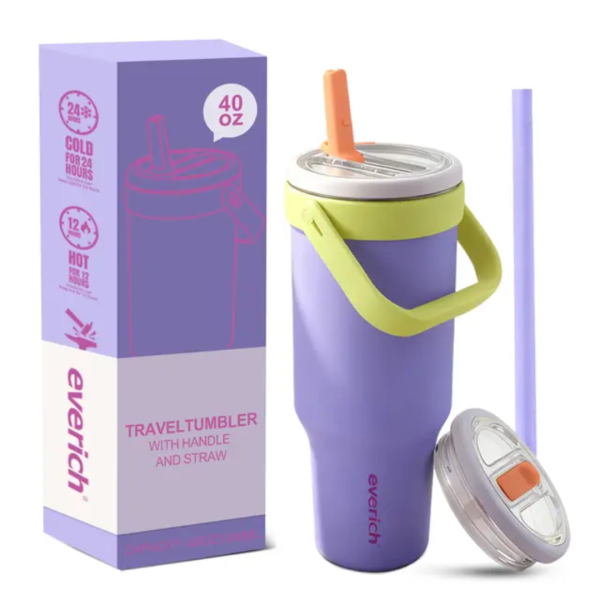 Everich 40oz Double-Wall Stainless Steel Tumbler with Handle and BPA-Free Dust-Proof Flip Lid