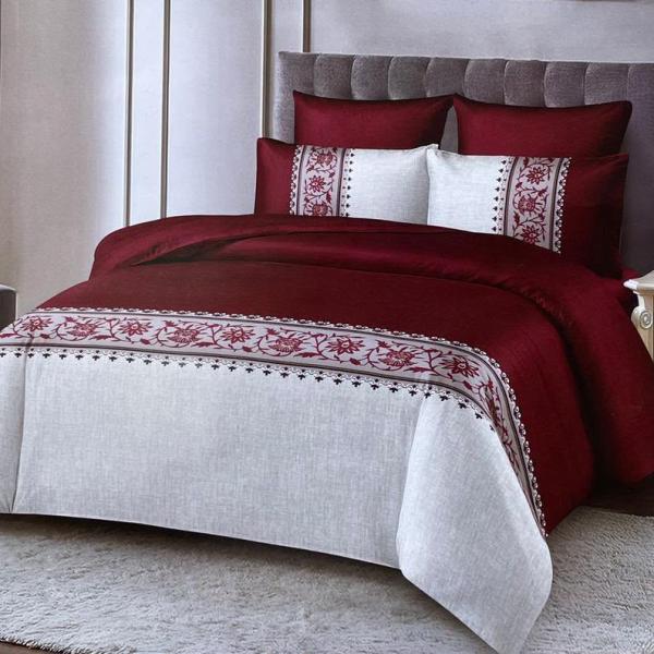 Luxury Deep Maroon & Off-White Floral Border 4-Piece Duvet Set (6by6) – 1 Duvet, 1 Bedsheet, 2 Pillowcases
