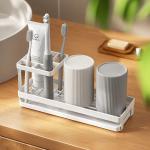 Multi-Slot Bathroom Toothbrush Organizer Caddy with 2 Fluted Mouthwash Cups – Countertop Toothpaste Stand & Vanity Storage Rack