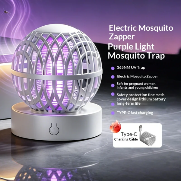 365nm USB-C Rechargeable UV Mosquito Killer Lamp – Portable Indoor Electric Bug Zapper with Protective Safety Grid