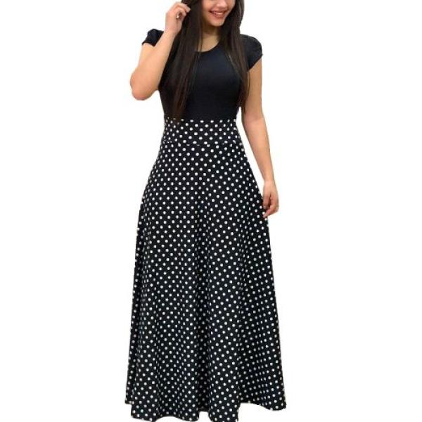 Women's Elegant Polka Dot Patchwork Maxi Dress – Short Sleeve Round Neck Office Gown
