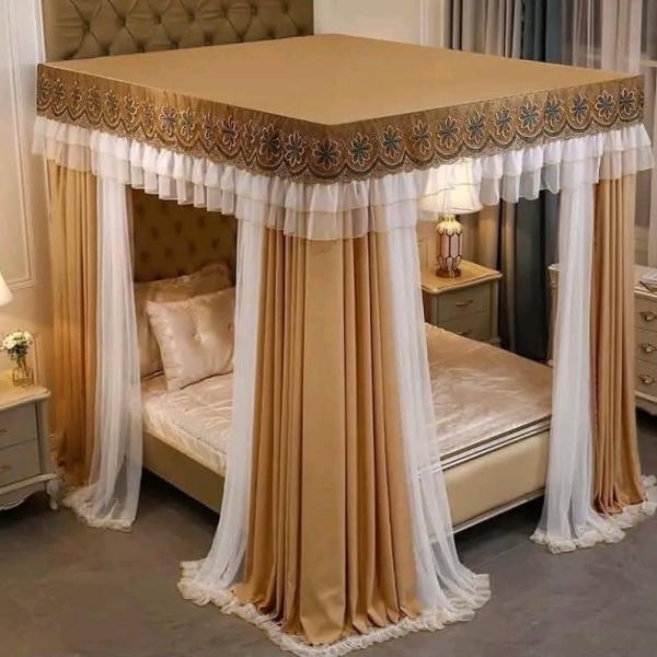 Luxury 4-Poster Canopy Mosquito Net with Privacy Drapes & Lace Border (5by6 & 6by6)