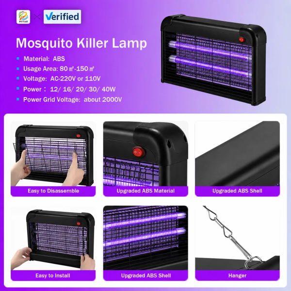 Commercial 365–395nm UV Mosquito Killer Lamp – 2000V Dual-Tube Electric Bug Zapper with 80–150m² Coverage
