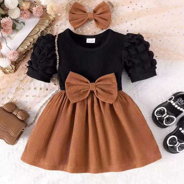2Pcs Baby Girl Bow Decor Ribbed Knit Patchwork Puff Sleeve Dress with Matching Headband