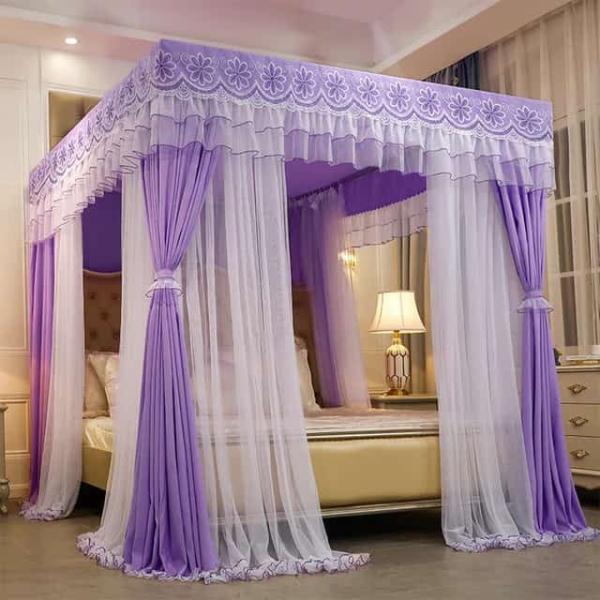 Luxury 4-Poster Canopy Mosquito Net with Privacy Drapes & Lace Border (5by6 & 6by6)