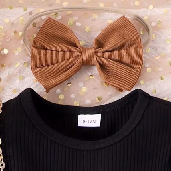 2Pcs Baby Girl Bow Decor Ribbed Knit Patchwork Puff Sleeve Dress with Matching Headband