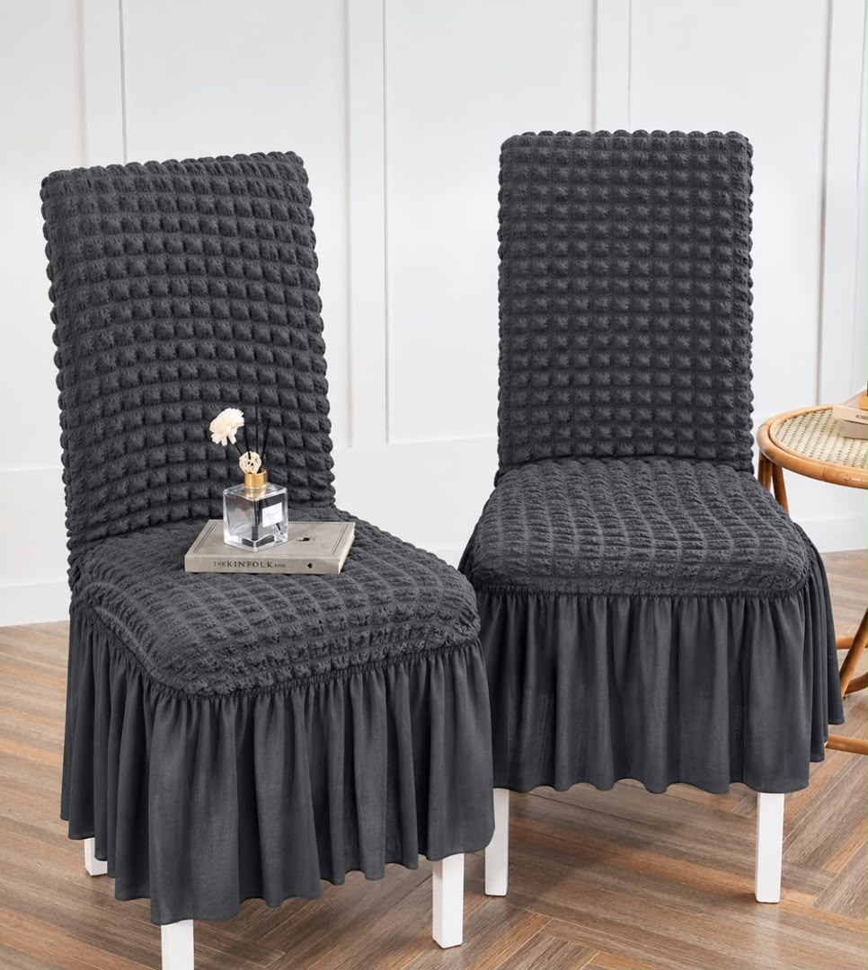4 Piece Stretch Ruffled Dining Chair Covers with Skirt – Elastic Textured Jacquard Seat Protector