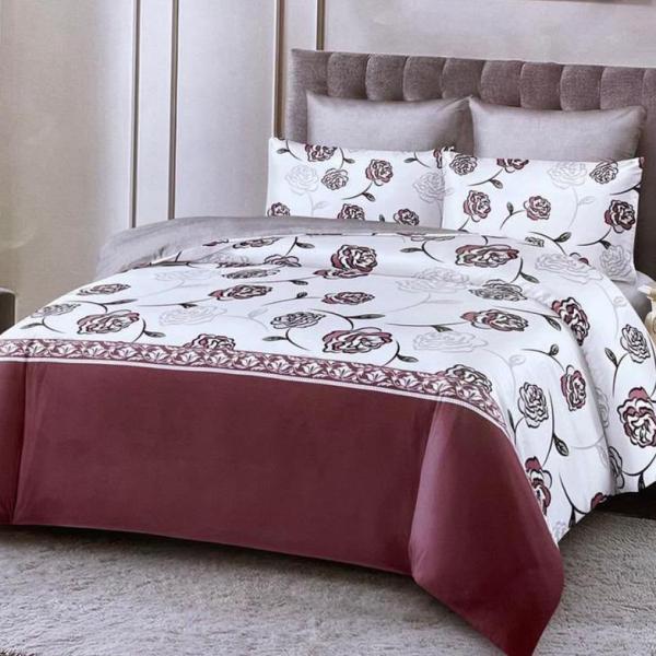 Modern Maroon Rose Panel 4-Piece Duvet Set (6by6) – 1 Duvet, 1 Bedsheet, 2 Pillowcases