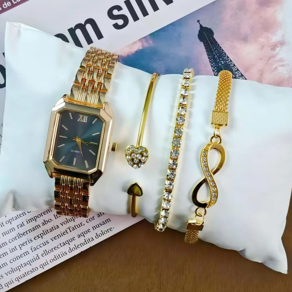 Women’s Luxury Quartz Watch & Jewelry Gift Set – Gold-Tone Fashion Accessories Collection