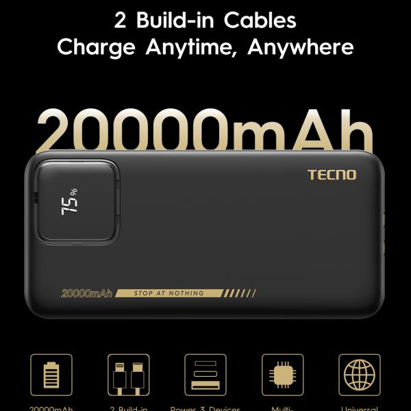 TECNO TPB-P204Q 20,000mAh Power Bank – Dual Built-In USB-C & Lightning Cables | 22.5W Fast Charging | LED Display