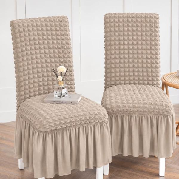 4 Piece Stretch Ruffled Dining Chair Covers with Skirt – Elastic Textured Jacquard Seat Protector