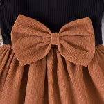 2Pcs Baby Girl Bow Decor Ribbed Knit Patchwork Puff Sleeve Dress with Matching Headband