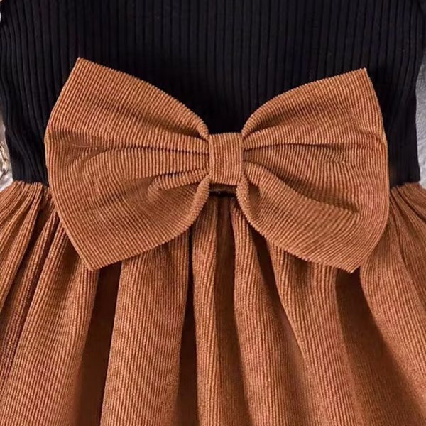 2Pcs Baby Girl Bow Decor Ribbed Knit Patchwork Puff Sleeve Dress with Matching Headband