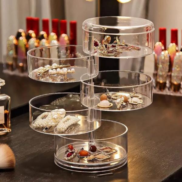 5-Tier Clear Acrylic Rotating Jewelry Storage Box & Cosmetic Organizer