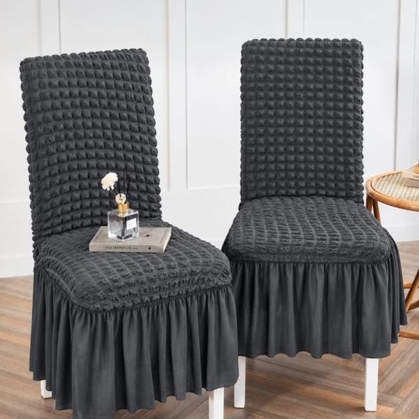 4 Piece Stretch Ruffled Dining Chair Covers with Skirt – Elastic Textured Jacquard Seat Protector